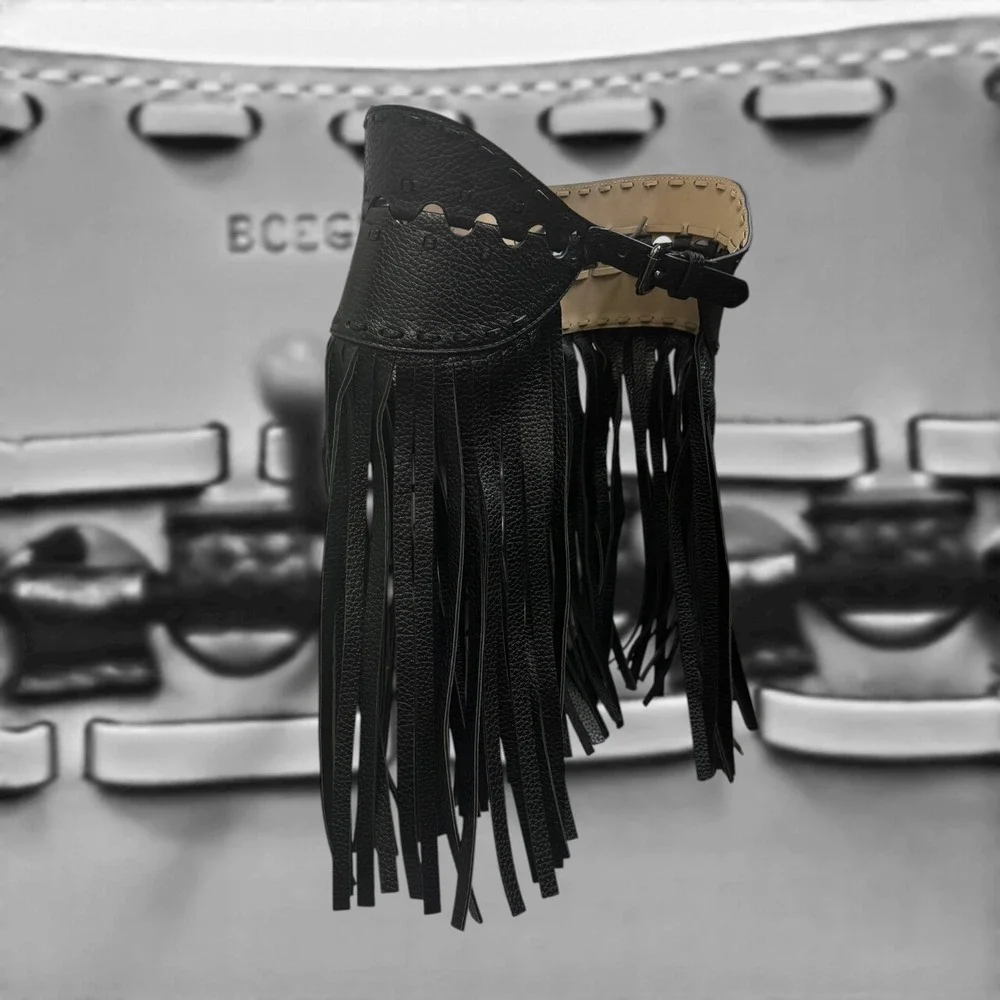 BCBGMAXAZRIA Black Pebbled Faux Leather Fringe Waist Belt Small Boho Corset